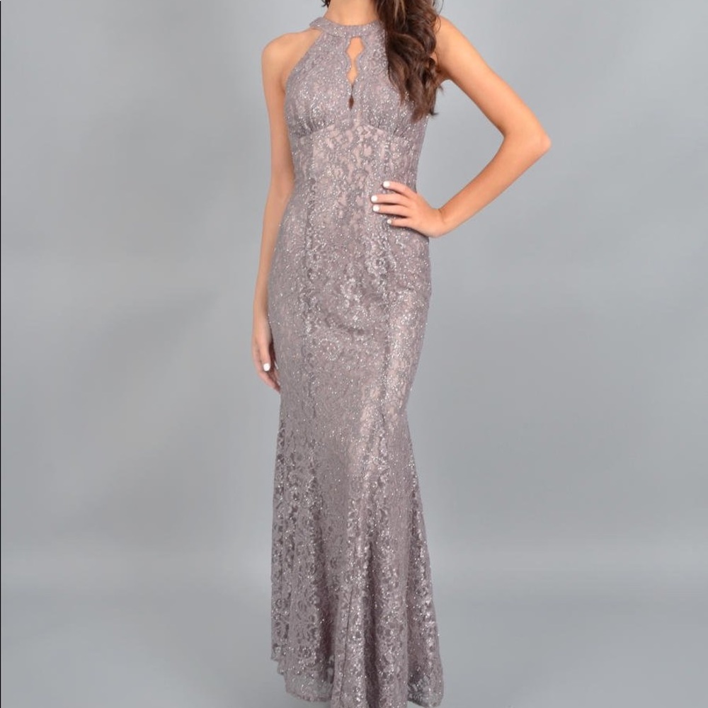 NIGHTWAY Lace Metallic Halter Gown in Mocha